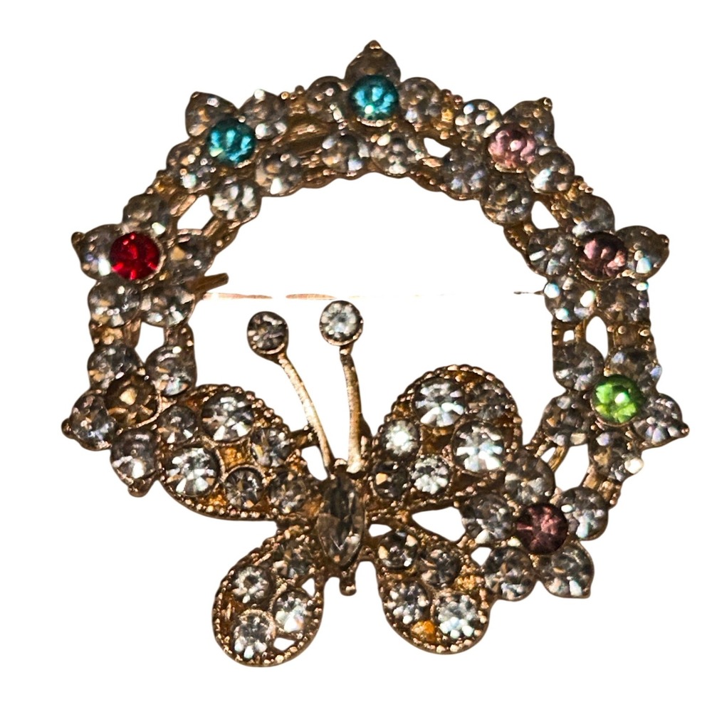 Vintage Gold Tone Butterfly Wreath Brooch Rhinestone Multi Color Crystal Pin‎